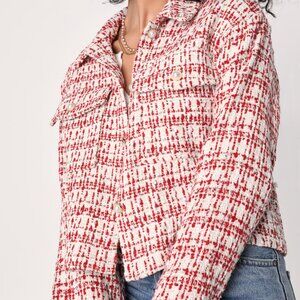Lulus Prep Talk Red & White Pearl Button Tweed Shacket - Size S
